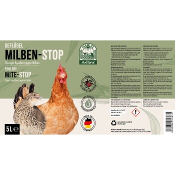 Behälter mit "Geflügel Milben-Stop" Pulver für Milben, mit einer Hühnergrafik, mit Text, der seine Wirksamkeit und Inhaltsstoffe hervorhebt.