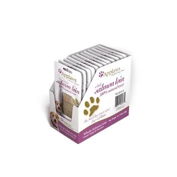 Packung Applaws Whole Salmon Loin Hundeleckerlis, mit einem Pfotenabdruckdesign und dem Text "der gesunde Leckerbissen, den Ihr Hund lieben wird."