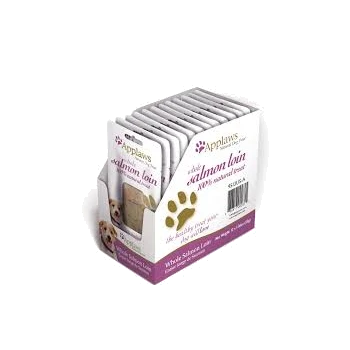 Paquet de friandises pour chiens Applaws Whole Salmon Loin, avec un design de patte et le texte 'la friandise saine que votre chien adorera.'