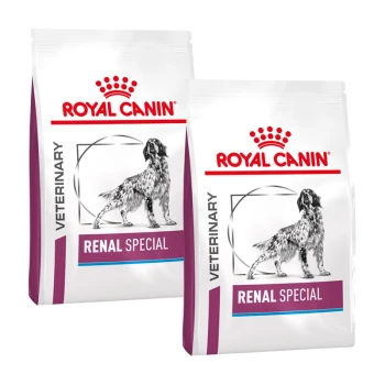 Deux sacs de nourriture pour chien Royal Canin Veterinary Renal Special, présentant une silhouette de chien, avec le nom de la marque affiché en évidence.
