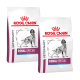 Zwei Beutel Royal Canin Veterinary Renal Special Hundefutter, mit einer Silhouette eines Hundes, mit dem Markennamen deutlich angezeigt.