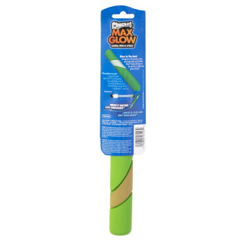 Chuckit! Max Glow Ultra Fetch Stick, jouet pour chien vert phosphorescent avec emballage bleu et instructions d'utilisation.