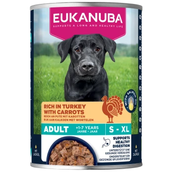 Dose Eukanuba Hundefutter mit den Aufschriften 'Reich an Pute mit Karotten', 'Adult +1–7 Jahre', 'S-XL', 'Unterstützt eine gesunde Verdauung'.