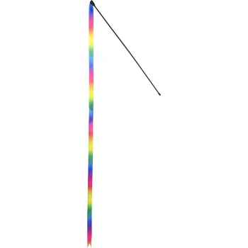 Spielzeugangel Regenbogen Ein farbenfrohes Regenbogenband, das an einem schwarzen Stock befestigt ist, entworfen für interaktives Spielen mit Haustieren.