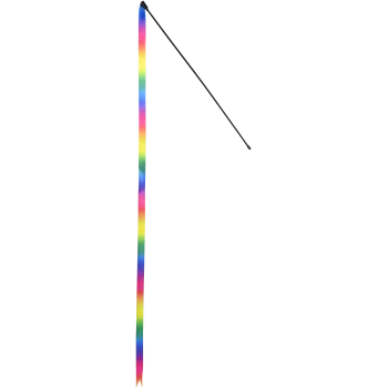 Ein farbenfrohes Regenbogenband, das an einem schwarzen Stock befestigt ist, entworfen für interaktives Spielen mit Haustieren.