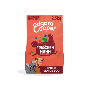 Oranger 2,5-kg-Edgard-Cooper-Hundefutterbeutel, getreidefrei, mit den Aufschriften „mit frischem Huhn und Lachs“ und „Medium Senior Dog“.