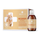 Eine Schachtel RECOACTIV Recovery Renal Katzenfutter, mit einer orangefarbenen Tabby-Katze auf der Vorderseite, mit einer Flasche des Produkts daneben.