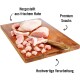 Frische Hühnerstücke und Snacks auf einem Holzschneidebrett mit Etiketten: "Premium Snacks," "Hergestellt aus frischem Huhn," "Hohe Qualität."