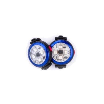 Paar blaue und schwarze LED-Tiersicherheitslichter mit roten Knöpfen, gezeigt auf weißem Hintergrund.