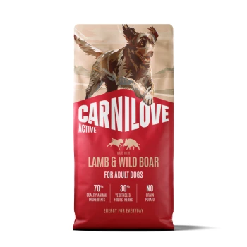 Sac CARNILOVE Active rouge pour chiens avec illustration d'un chien courant, « Agneau & Sanglier » pour chiens adultes, 70 % d'ingrédients d'origine animale.