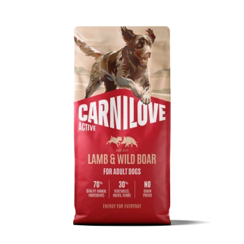 Sac CARNILOVE Active rouge pour chiens avec illustration d'un chien courant, « Agneau & Sanglier » pour chiens adultes, 70 % d'ingrédients d'origine animale.