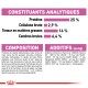 Informations nutritionnelles sur la nourriture pour animaux : 25 % de protéines, 2,9 % de fibres, 14 % de matières grasses, 6,4 % de cendres. Ingrédients : volaille déshydratée, maïs, protéines de poisson.