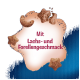 Huisdiertraktaties met zalm- en forelsmaak, in de vorm van sterren en halve manen, op een blauwe achtergrond met de tekst 'Met Lachs- und Forellengeschmack.'