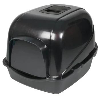 Schwarze Katzenstreu-Box mit Deckel, mit einem Eingang vorne und einem Zugangspanel oben.