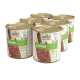 Sechs Dosen von Betty's Landhausküche Hundefutter, beschriftet mit "Lamm mit Buchweizen, Pastinake und Preiselbeere", mit Bildern von Fleisch und Zutaten.