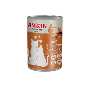 Dose AMORA Katzenfutter, orange Etikett mit zwei Katzensilhouetten, 'mit 3 Sorten Geflügel' / 'with 3 types of poultry'.
