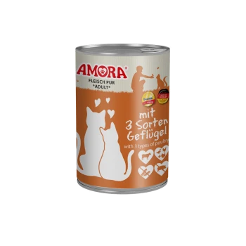 Dose AMORA Katzenfutter, orange Etikett mit zwei Katzensilhouetten, 'mit 3 Sorten Geflügel' / 'with 3 types of poultry'.