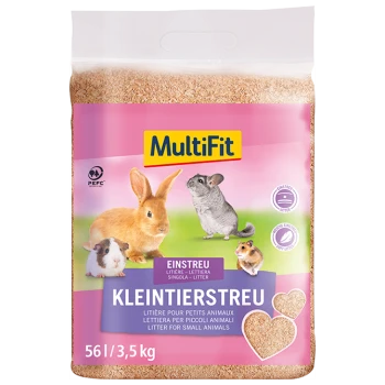 Verpackung für MultiFit Kleintierstreu mit einem Kaninchen, Meerschweinchen und einer Maus auf einem rosa Hintergrund, mit Text in mehreren Sprachen.