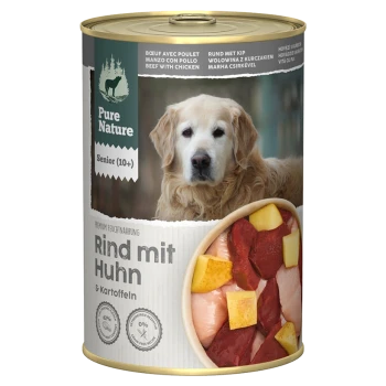 Dose Pure Nature Senior (10+) Hundefutter mit Rind, Huhn und Kartoffeln, zeigt Zutaten und Produktdetails.