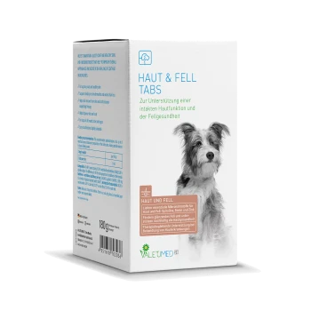 Box mit "Haut & Fell Tabs" für Hunde, mit einem Hund auf der Vorderseite, mit Text auf Deutsch über die Unterstützung der Haut- und Fellgesundheit.