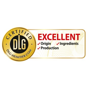 Goldzertifizierungsabzeichen mit dem "DLG"-Logo, mit dem Wort "EXCELLENT" und Häkchen für "Herkunft", "Zutaten" und "Produktion."