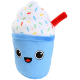 Blaues Plüschspielzeug für Haustiere in Form einer lächelnden Tasse mit weißer Schlagsahne und bunten Streuseln, mit rotem Strohhalm.