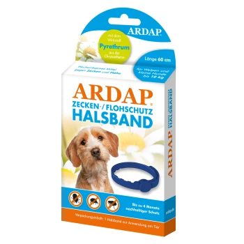 Verpackung für den ARDAP Floh- und Zeckenhalsband mit einem kleinen Hund auf der Vorderseite, mit dem Hinweis, dass es bis zu 4 Monate Schutz bietet.