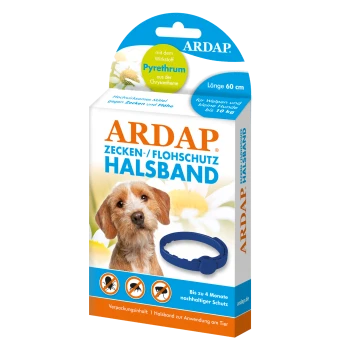 Verpackung für den ARDAP Floh- und Zeckenhalsband mit einem kleinen Hund auf der Vorderseite, mit dem Hinweis, dass es bis zu 4 Monate Schutz bietet.