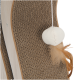 Un griffoir pour chat avec une surface en carton texturé et un jouet suspendu avec une balle blanche et des plumes brunes.
