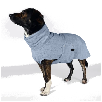 Ein stilvoller Hund trägt einen hellblauen Fleece-Mantel und steht stolz mit erhobenem Kopf, wobei eine Tasche an der Seite zu sehen ist.