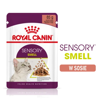 Torebka karmy dla kotów Royal Canin Sensory Smell, 85g, z szarym kotem i kawałkami w sosie, promująca stymulację sensoryczną dla kotów.