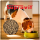 Supravit Lamm & Reis Hundefutteretikett mit Zutaten, Nährwertangaben und Illustrationen verschiedener Hunderassen.