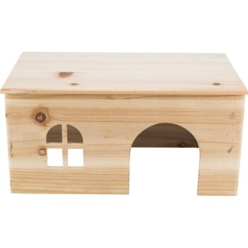 Holzhaustierhaus mit flachem Dach, mit einem kleinen gewölbten Eingang und einem quadratischen Fensterausschnitt an der Seite.