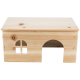 Holzhaustierhaus mit flachem Dach, mit einem kleinen gewölbten Eingang und einem quadratischen Fensterausschnitt an der Seite.