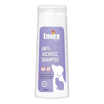 Flasche mit Envira Veterinär Anti-Juckreiz Shampoo für Hunde und Katzen, 400ml, mit einem lila Etikett und einem umweltfreundlichen Symbol.