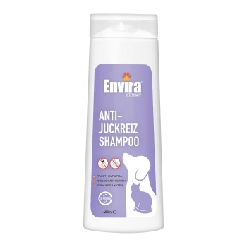 Flasche mit Envira Veterinär Anti-Juckreiz Shampoo für Hunde und Katzen, 400ml, mit einem lila Etikett und einem umweltfreundlichen Symbol.