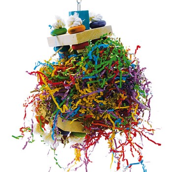 Buntes Vogelspeilzeug mit Holzblöcken, zerknülltem Papier und Seil, entworfen für die Unterhaltung und Bereicherung von Haustieren.