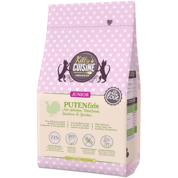 Kitty's Cuisine Junior kalkoen kattenvoer met duindoorn en spirulina, 71% dierlijke ingrediënten, graanvrij, gemaakt in Duitsland.