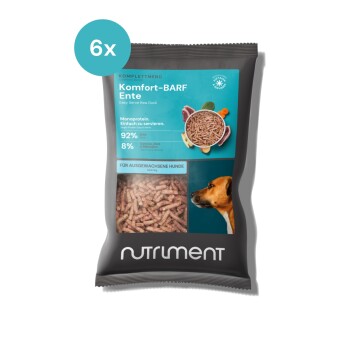 Verpackung für Hundefutter "Komfort-BARF Ente", das rohen Entenfleisch enthält, mit 92 % Protein und 8 % anderen Zutaten, geeignet für erwachsene Hunde.