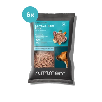 Verpackung für Hundefutter "Komfort-BARF Ente", das rohen Entenfleisch enthält, mit 92 % Protein und 8 % anderen Zutaten, geeignet für erwachsene Hunde.