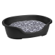 Schwarzes Haustierbett mit einem geometrisch gemusterten grauen Kissen, das ein geschwungenes Design für Komfort aufweist.