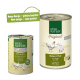Zwei Dosen Real Nature Haustierfutter: eine kleine Dose "Senior" mit Huhn und Reis und eine größere Dose "Original" mit Huhn und Ente mit einer grünen Sprechblase.