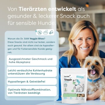 Dr. SAM Veggie Bites Verpackung, die mit einem kleinen Hund präsentiert wird, und die Vorteile hervorhebt: hypoallergen, leicht verdaulich und vom Tierarzt genehmigt.