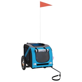 Ein blauer und grauer Haustieranhänger mit zwei Rädern, einer transparenten Front und einer roten Flagge oben, entworfen zum Transport von Haustieren.