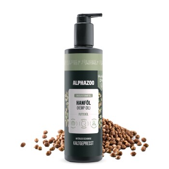 Schwarze zylindrische Flasche mit ALPHAZOO Hanföl für Hunde und Katzen, beschriftet mit "Hanföl" und "kaltgepresst," mit einem Pfotenabdruck-Design.