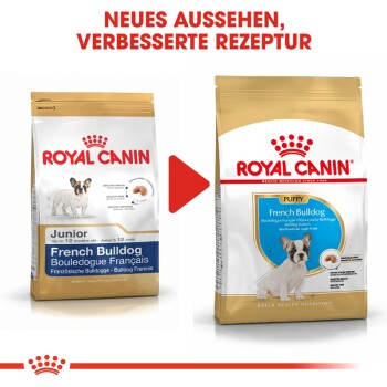 Zwei Royal Canin Hundefuttertüten für Französische Bulldoggen, beschriftet mit "Junior" und "Welpe," mit "NEUES AUSSEHEN, VERBESSERTE REZEPTUR" darüber.