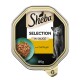 Sheba Selection in Sauce 85 g Katzenfutterschale mit Bild einer grauen Katze, Schüssel mit Geflügelstücken; Etikett 'mit Geflügel'.