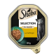 Sheba Selection in Sauce 85 g Katzenfutterschale mit Bild einer grauen Katze, Schüssel mit Geflügelstücken; Etikett 'mit Geflügel'.
