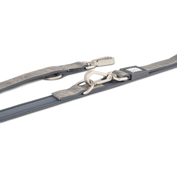 Graue und beige Hundeleine mit Metallclips und einem kleinen schwarzen Anhänger mit weißem Baum-Logo.