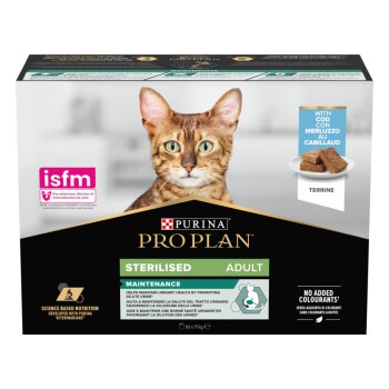 Verpackung von Purina Pro Plan Sterilised Adult Katzenfutter mit einer Bengalkatze, betont die Gesundheit der Harnwege und keine zugesetzten Farbstoffe.